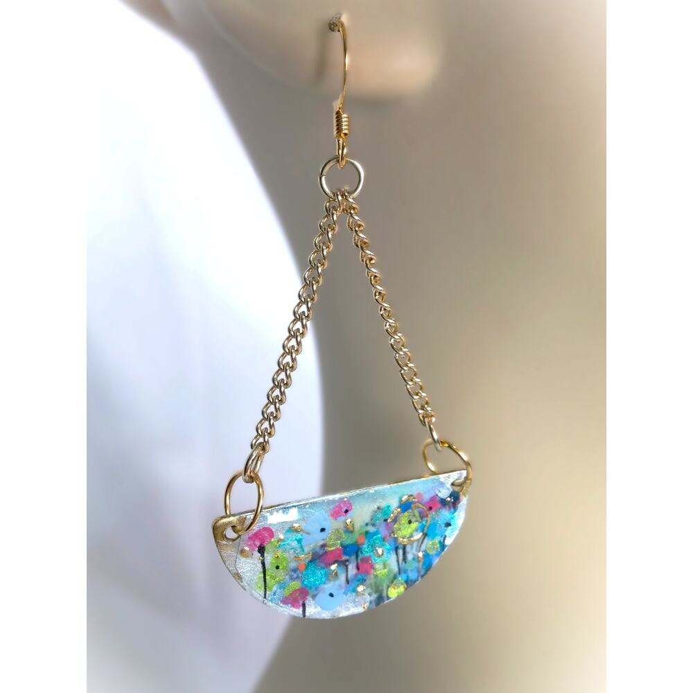 Artisan Crafted Painted Floral Earrings Half Moon Gold Tone Chain Monet Abstract - Picture 2 of 10